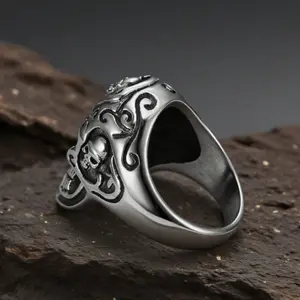 Men's red skull ring in Hip Hop Gothic style, set with Cubic Zirconia stones, classic design, suitable as a Halloween gift or everyday wear.