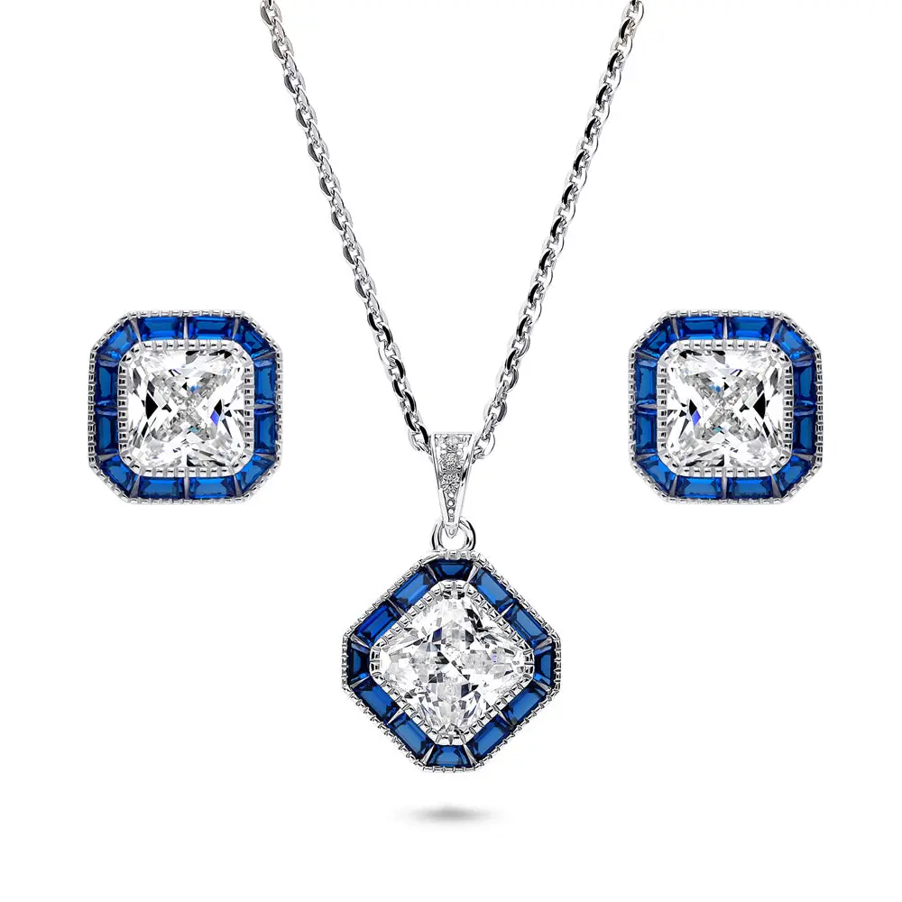BERRICLE Sterling Silver Halo Art Deco Milgrain Necklace and Earrings Set for Women, Princess Cut Cubic Zirconia CZ