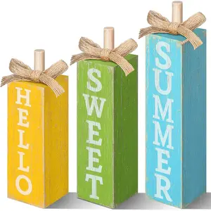 3 Pcs Hello Sweet Summer Table Block Signs Rustic Farmhouse Wood Lemon Centerpiece Blue Yellow Green Hello Summer Decorations for Tiered Tray Decor Home Office Kitchen Mantel Shelf Indoor