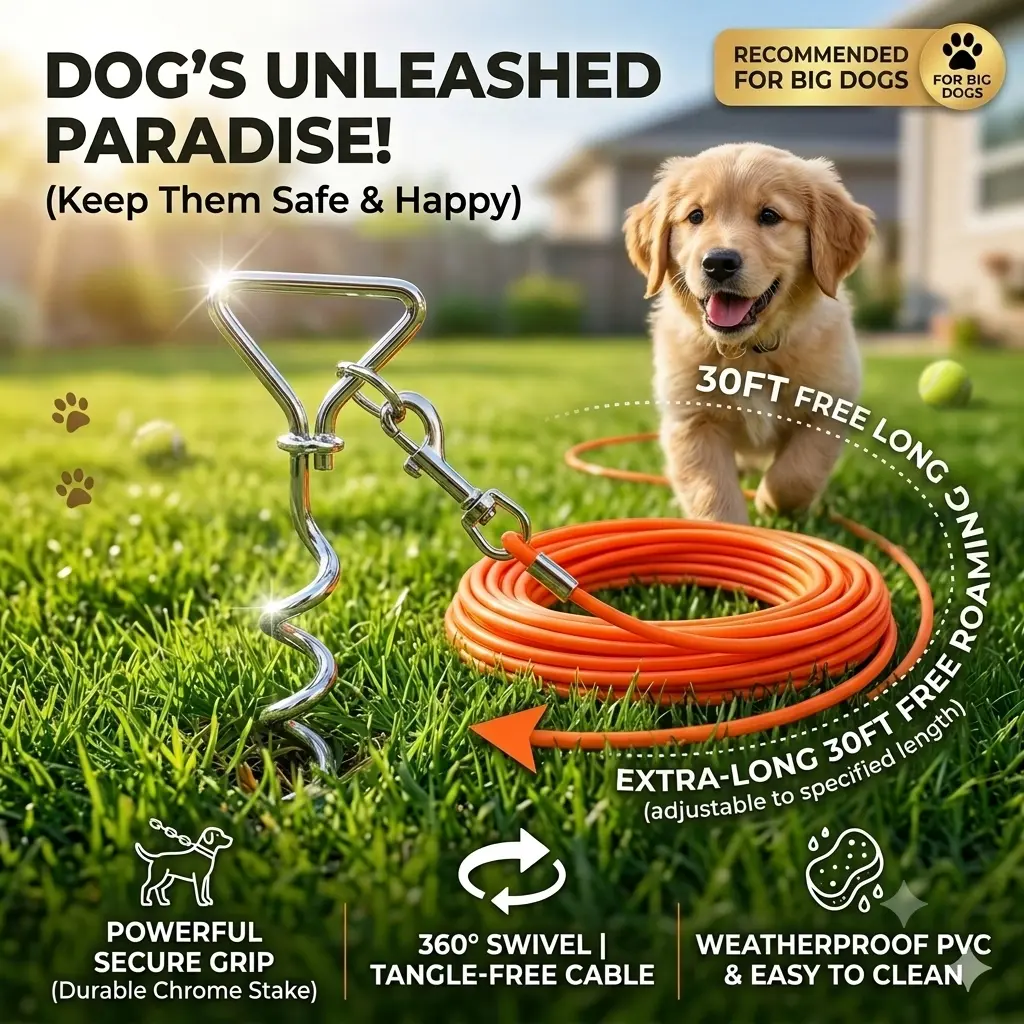 Heavy Duty Dog Tie Out Stake and 30FT Cable Set for Yard Camping, Swivel Tangle Free Metal Spiral Anchor Ground Spike with Weatherproof PVC Leash, Safe Outdoor Runner Extension Lead for Large Dogs