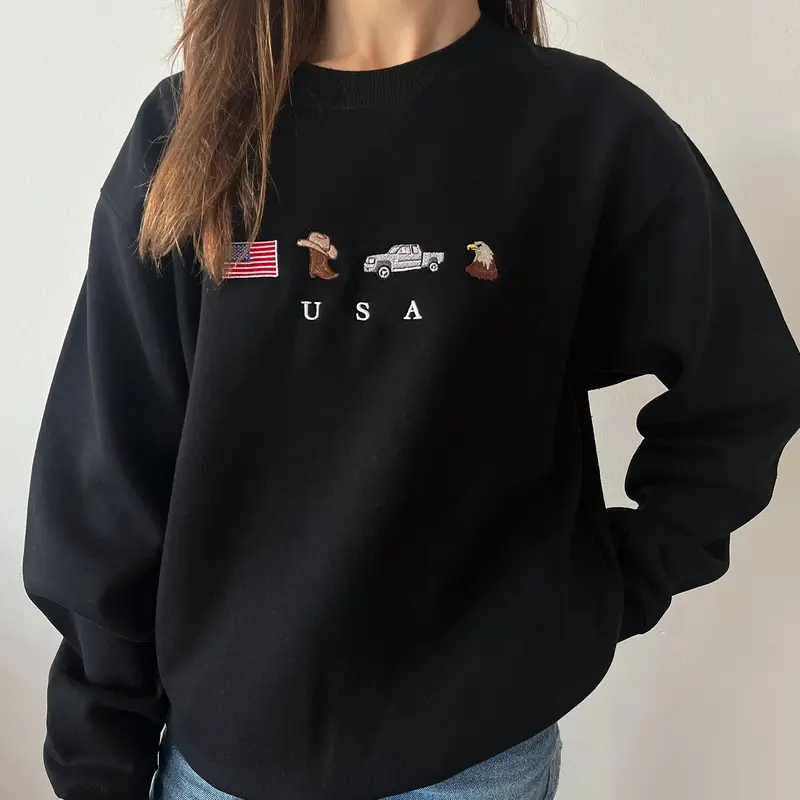 USA Embroidered Sweatshirt – Patriotic Crewneck with Flag, Truck, Cowboy & Eagle for Memorial Day or July 4th