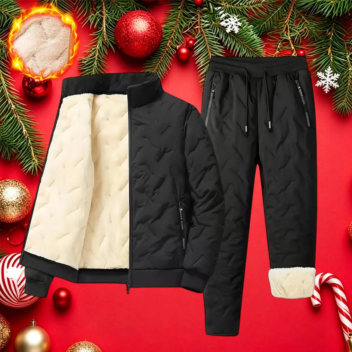 Men’s Fleece-Lined 2-Piece Tracksuit Set - Warm Winter Full-Zip Stand Collar Jacket & Drawstring Waist Straight Leg Sweatpants, Textured Casual Activewear for Everyday Wear, Travel