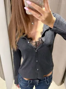 Knit Cardigan For Women Womenswear Lace Jacket Cropped Long Sleeve Cardigan Blouse Spring Fall V Neck Black Cardigan Elegant Woman Top Lightweight Jackets Knitting