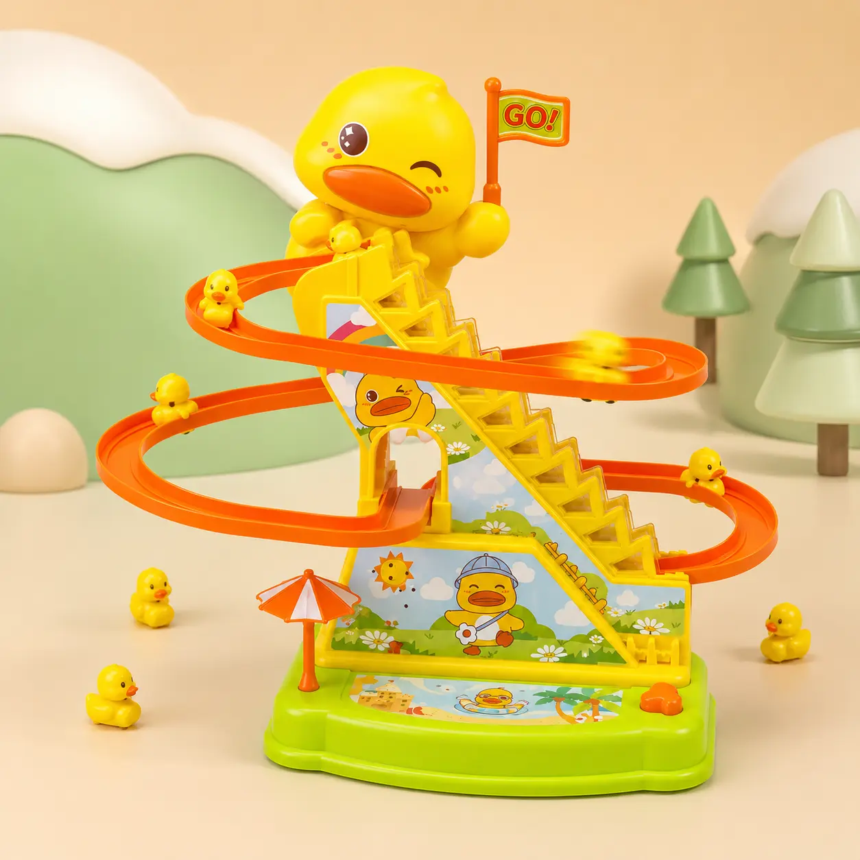 Small Automatic Stair-Climbing Single-Track Electric Duck Toy with Assembly Track Slide, Safety & Compliance, Festive Gifts for 4-6 Years Old Kids (Christmas/Children's Day Gifts)