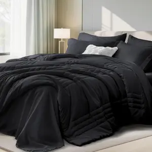 Queen Comforter Set Black - Bed in a Bag Queen Size 7 Pieces, Soft Bedding Set for All Seasons, Premium Queen Comforter Set with Comforter, Sheets, Pillowcases & Shams