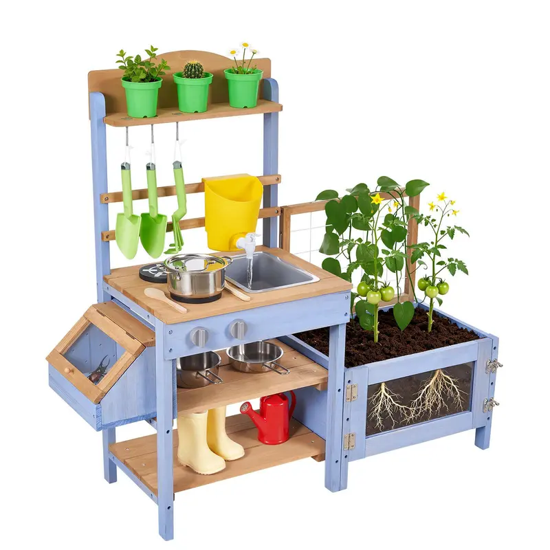 【Christmas Gift】VEVOR Splinter-Free Wood Toddler Play Kitchen Playset, Outdoor Play Kitchen Set with Plant & Grow Box, Critter Catcher, Water Tank, Cleanup Sink, Cookware, Top Shelf & Accessories, Lawn/Yard Kids Gift