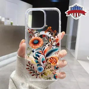 Vintage orange flowers Pattern Magnetic Phone Case Supports Wireless Charging for iPhone 15 16 14 Pro Max 13 12 11 XR XS Plus E Shockproof Non Slip Protection Silicone Transparent Acrylic Large Hole Cover Cellphone Protective
