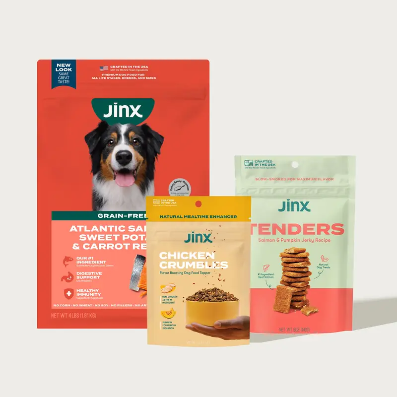 Jinx Sensitive Stomach Essentials Starter Pack - Grain-Free Salmon & Carrot Kibble, Chicken & Pumpkin Topper, Salmon & Pumpkin Jerky Treats