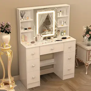 Vanity Desk with Sliding Mirror & LED Lights, Dimmable LED Lighting, 7 Drawers & 7 Storage Compartments, Dressing Table for Bedroom Dressing Room (White)