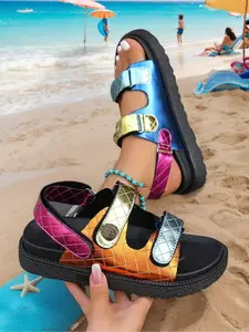 Women's summer ethnic style open-toe wedge thick-soled sandals with colorful single strap, magic sticker high water platform Roman shoes, hollowedout breathable lightweight comfortable outdoor beach slippers, Bohemian Trending Sandals