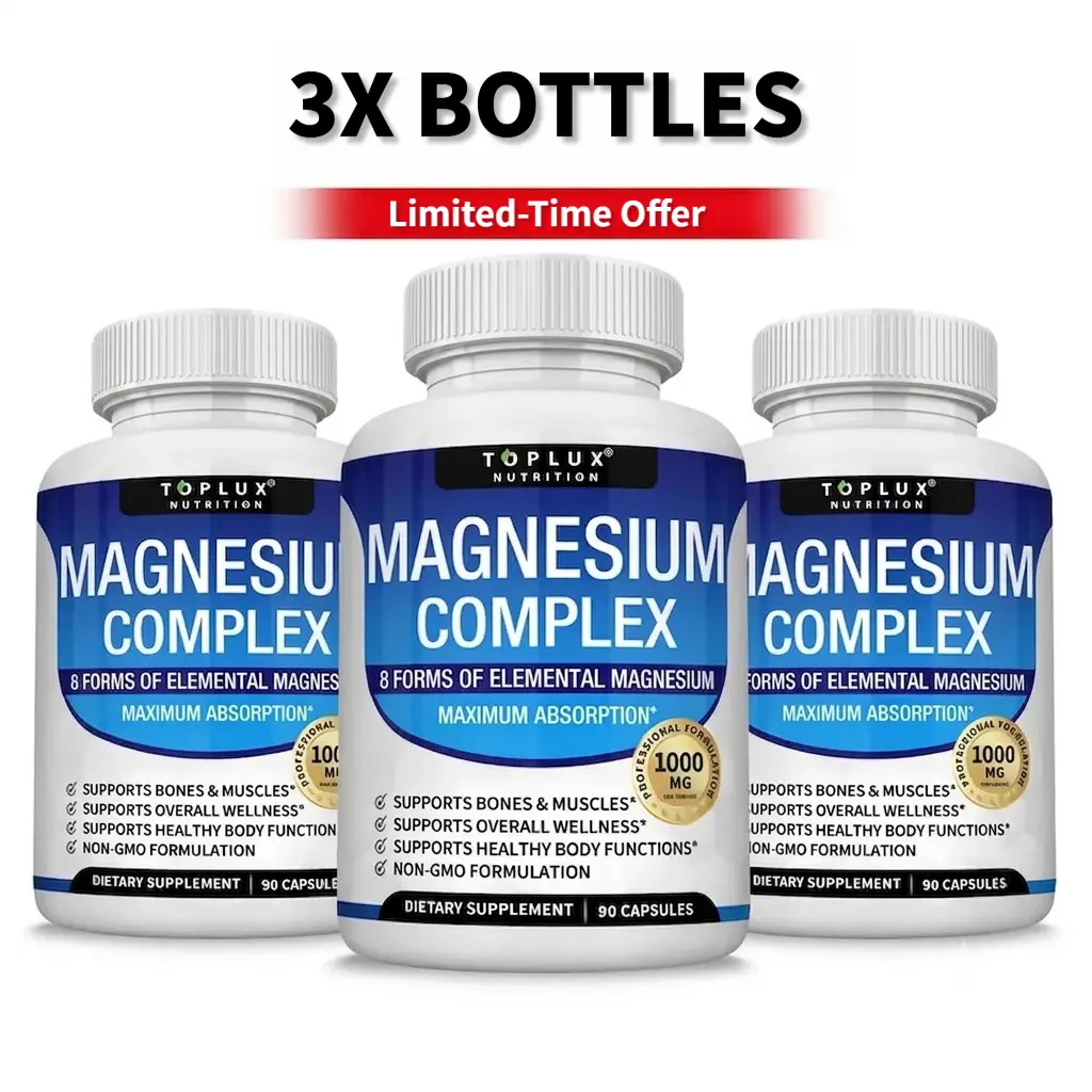 3-Pack Toplux Magnesium Complex 1000mg, 90 Capsules Each, 7-Source Magnesium Formula with Magnesium Malate, Magnesium Taurate & Chelated Magnesium, High Absorption, Supports Bone & Muscle Health, Sleep & Immune Health, Natural Dietary Supplement
