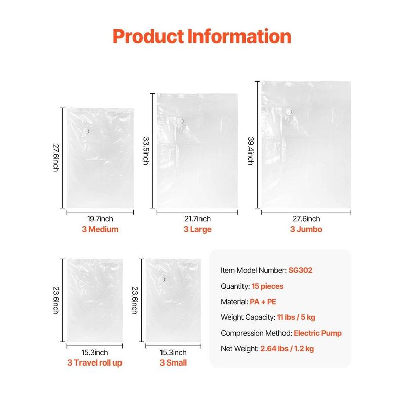 VEVOR 15 Pack Vacuum Storage Bags with Electric Pump,  , Space Saver Bags Compression for Comforters and Blankets, Sealer Clothes Storage Travel Essentials