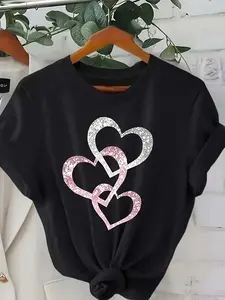 Men's Unisex Round Neck Graphic T-Shirt, Casual Short Sleeve, Smooth Stretchy Polyester Blend, Black with White Heart Print, Fit for Spring & Summer