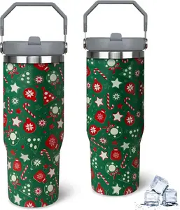 Green 30oz Christmas Travel Tumbler with Handle - Insulated Xmas Mug for Winter Holidays, Birthday Parties