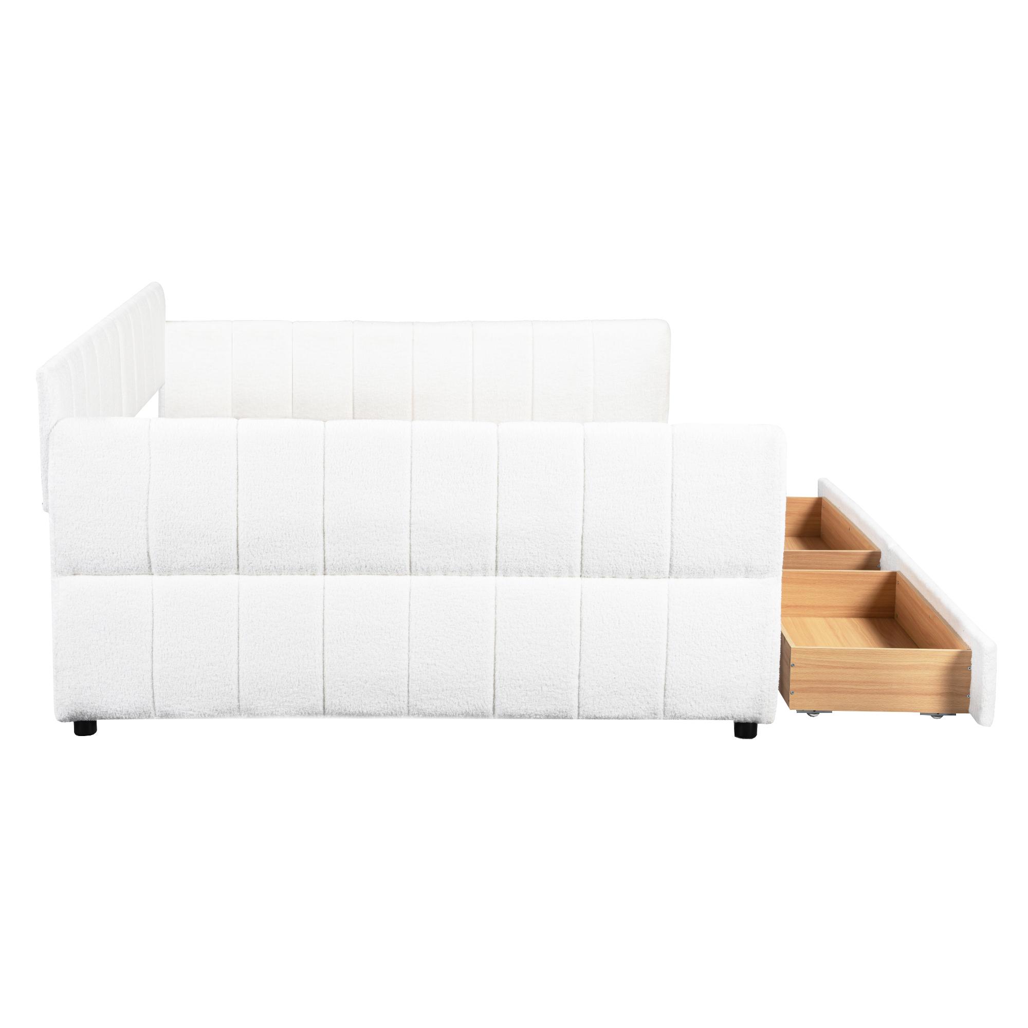 Queen Daybed Frame with 2 Storage Drawers and USB Charging Station, Upholstered Lambswool Sleeper Day Bed Couch with Armrest, No Spring Box Required, Easy Assemble, Beige Queen Daybed Frame with 2 Storage Drawers and USB Charging Station, Upholstered Lambswool Sleeper Day Bed Couch with Armrest, No Spring Box Required, Easy Assemble, Beige
