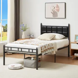 VECELO Queen Bed Frame Metal Platform Bed with Faux Leather Headboard Twin Full Queen Size Upholstered Slats Support Bed Underbed Storage Noise Free No Box Spring Needed