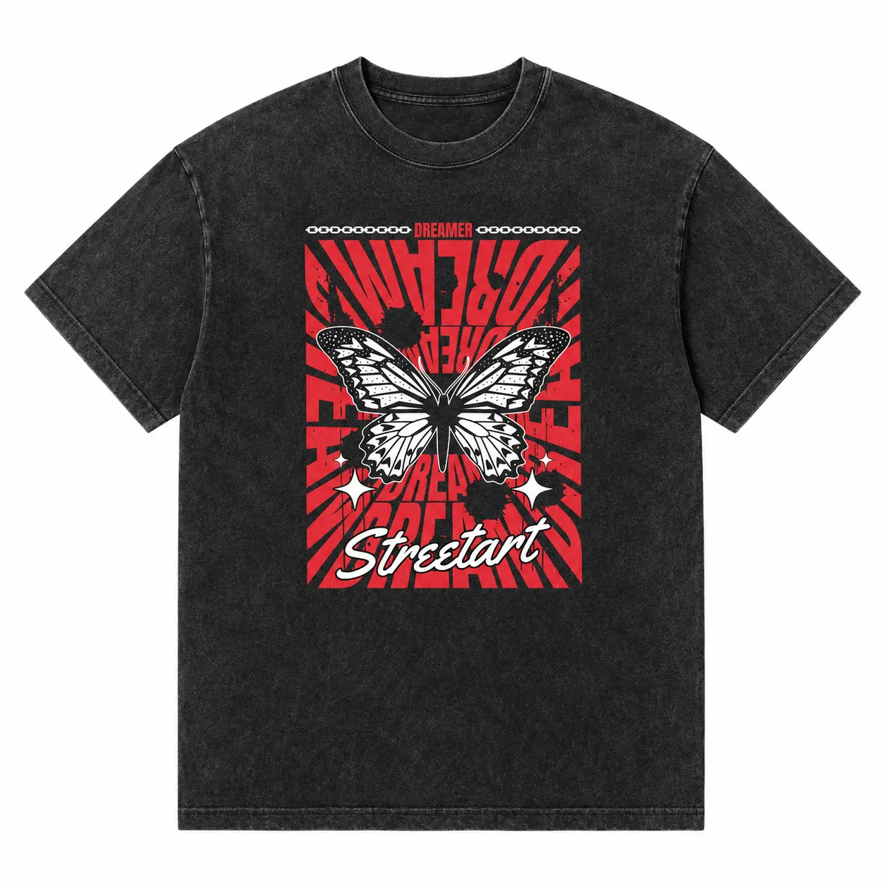 Dreamer Streetart Butterfly Graphic Tee, Vintage Retro Red and Black T-Shirt, Acid Wash Unisex Oversized Short Sleeve Casual Top, Alternative Grunge Streetwear Fashion Gift Idea  3745