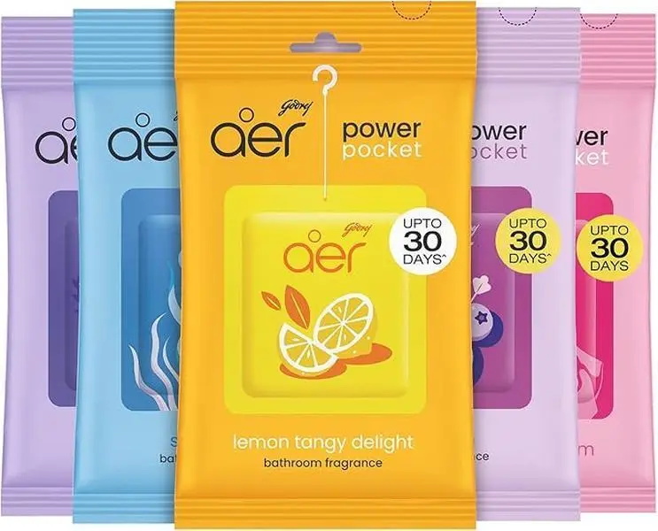 Godrej Aer Power Pocket, Hanging Air Freshener, Assorted Pack of 5, Scented Pack Colorful, [Lemon, Rose, Fresh, Berry, Lavender]
