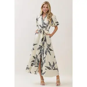 Emmeline Short Bubble Sleeve Waist Tie Abstract Print Maxi Dress Navy
