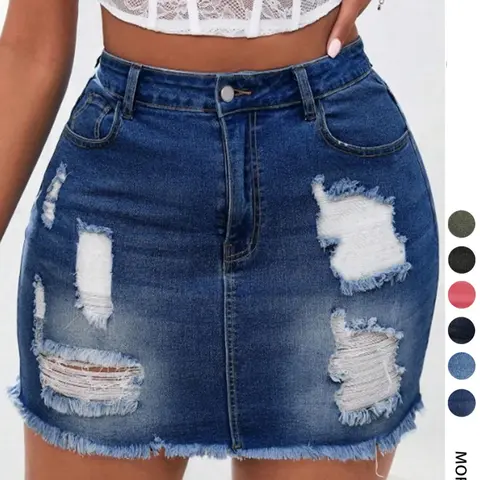 Women's Distressed Button-Fly Denim Skirt, Fashion Casual Ripped Mini Skirt for Daily Wear, Ladies Bottoms for Summer, Womenswear