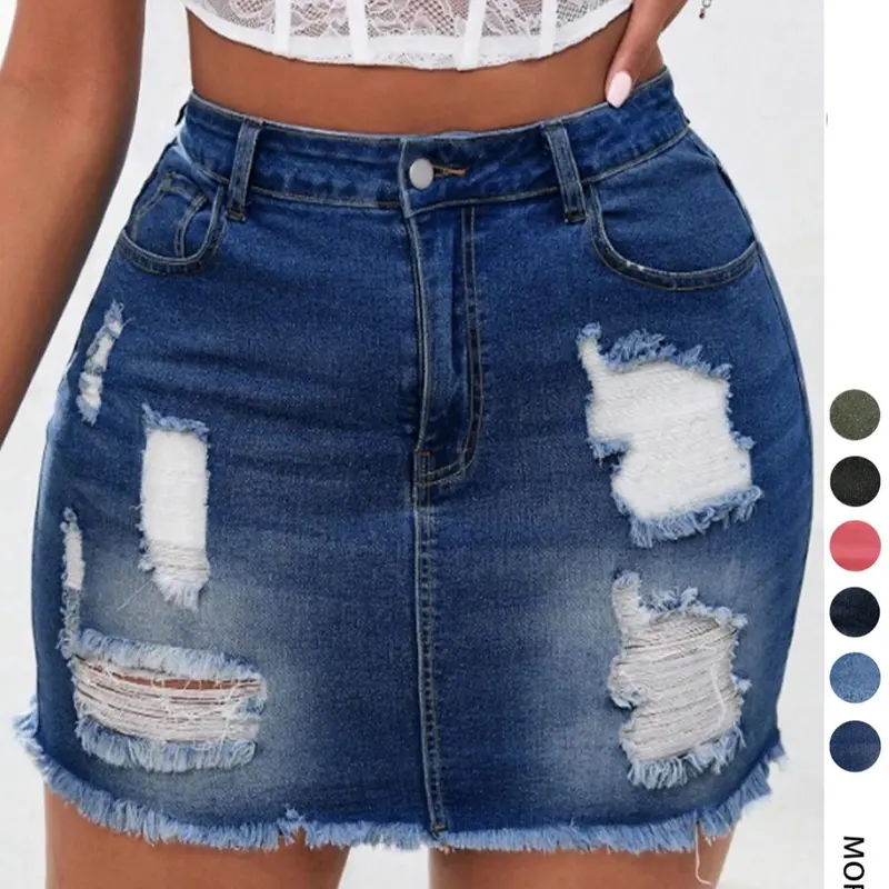 Women's Distressed Button-Fly Denim Skirt, Fashion Casual Ripped Mini Skirt for Daily Wear, Ladies Bottoms for Summer, Womenswear