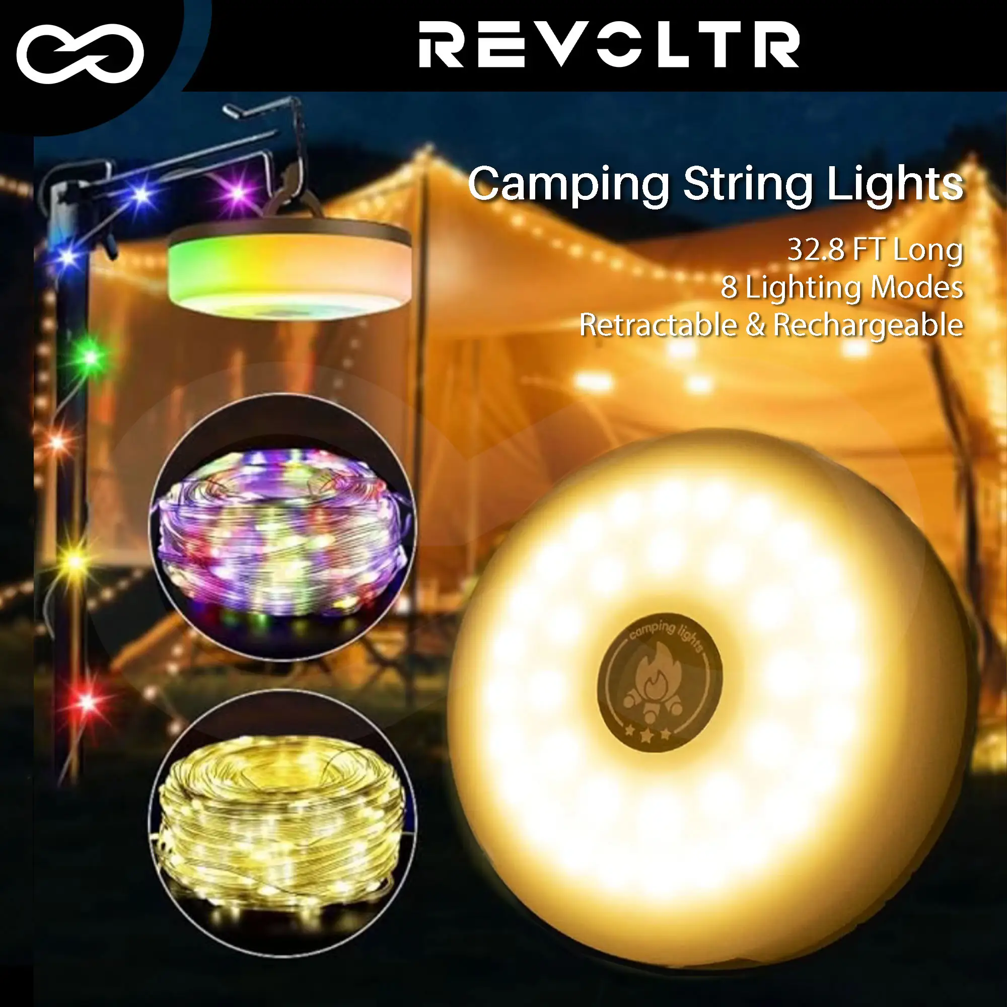 Retractable & Rechargeable Camping String Lights, 2in1 Portable 32.8ft Waterproof Outdoor Magnetic Decorative Lamp with adjustable 8 Lighting Modes,