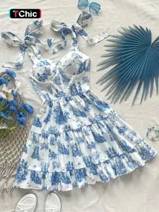 Women's Ditsy Floral Print Tie Shoulder Cami Dress, Elegant Casual Ruffle Trim Sleeveless A Line Dress for Summer, Ladies Clothes for Beach Holiday, Boho Sleeveless Dress