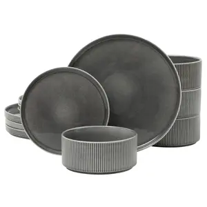 Gibson Elite Solana Coast 12 Piece Stoneware Reactive Glaze (Service for 4) Ceramic Plates and Bowls Modern Shape Embossed Dinnerware Set