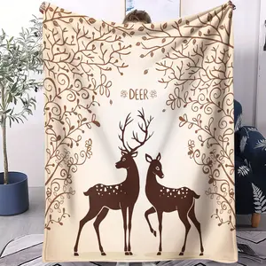 Vintage Forest Deer Pattern Blanket, All-Season Use, Suitable for Bed Sofa Car Room Decor, Gift for Kids and Adults