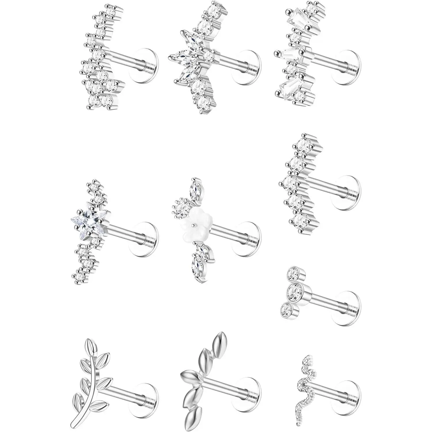 ZELORES Female 10pcs 16G Anti-Rust Tarnish Free Stainless Steel Internally Threaded Post Flat Back Stud Earrings - Sparkling Butterfly Artificial Zircon Rhinestones for Cartilage, Tragus Piercings, Casual Daily Wear Jewelry, Flat Back Earrings, Tarnish Fr