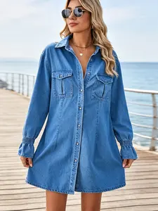 Womens Loose Fit Denim Shirt Dress Short Sleeve Button Down Midi Dress Light Wash Casual Tunic Top 2026 Summer Minimalist Streetwear Effortless Everyday Outfit Oversized Shacket Lightweight Breathable Comfy with Pockets