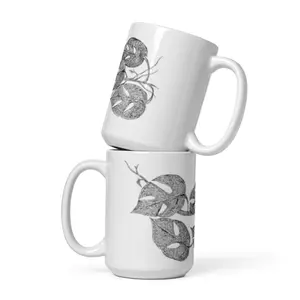 Hand-Drawn Monstera Plant Coffee Cup, 15 oz Ceramic