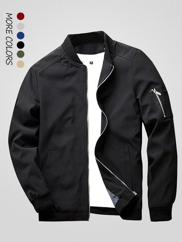 Men's Zip Up Pocket Bomber Jacket, Casual Long Sleeve Stand Collar Windproof Outerwear Coat with Pockets for Spring & Fall, Men's Clothes for Daily Wear