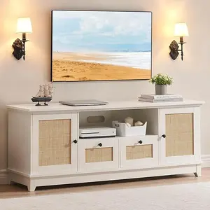 TV Stand Rattan Entertainment Center for 65 Inch TV Modern TV Console Table White Low TV Stand with Storage, Doors and Shelves, TV Console Media Cabinet Furniture for Living