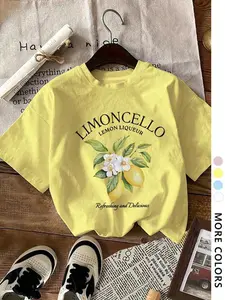 New Italian Limoncello Lemon Print Short Sleeve T-Shirt, Vintage American Style Y2K Loose Fit Round Neck Top, Summer Beach Walks, Brunch Dates