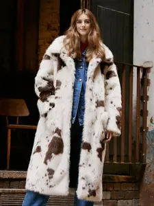 Women's Thick Fleece Faux Fur Coat with Lapel Collar, Stylish Colorblock Mid-Length Jacket for Fall & Winter, Soft Comfortable Polyester