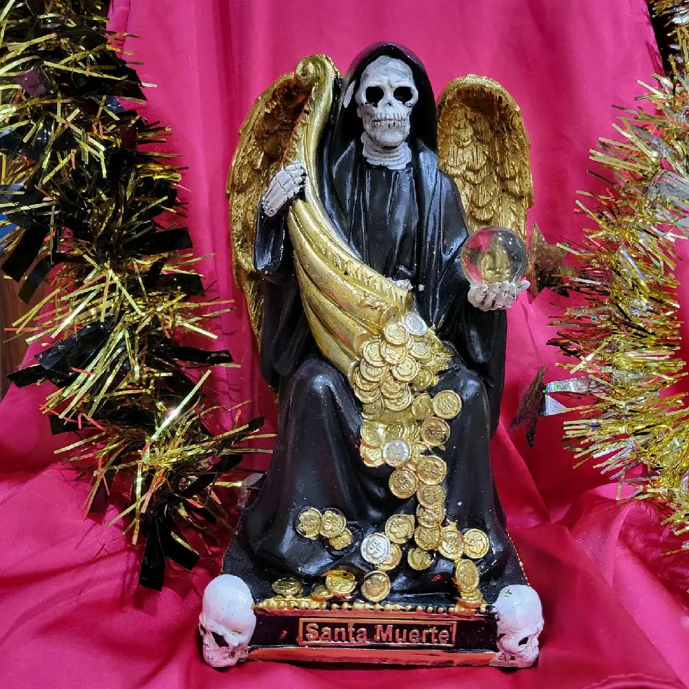 Santa Muerte Black Statue with horn of Abundance Holy Death Santisima Muerte On Money Religious Decor 8x6 inches