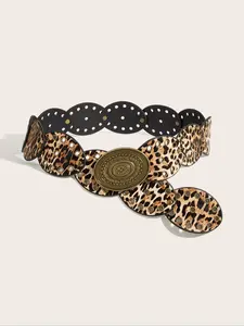 Women's Vintage Boho Leopard Print Wide Belt, Y2K Oval Rivet Design, Alloy Metal Craft, Perfect for Dresses & Casual Wear, Boho Style Belt