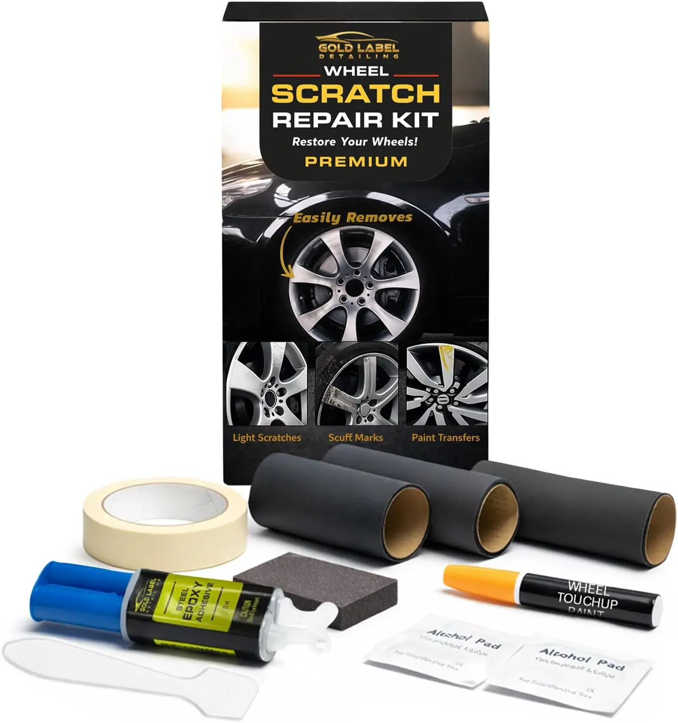 Premium Wheel Scratch Repair Kit |   Satin Black Rim TouchUp Pen ml |   DIY Kit with Filler, Sanding Tools, Spatula & Tape |   Deep Rim Repair for Painted Alloy Wheels
