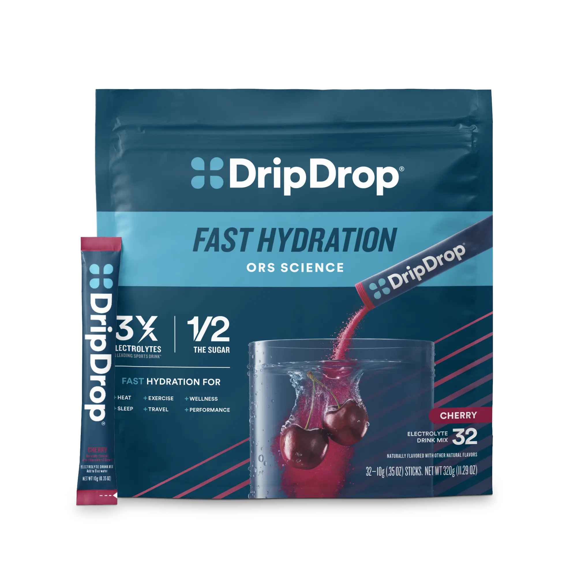 DripDrop Cherry Electrolyte Powder, 8 oz sticks, 32 count