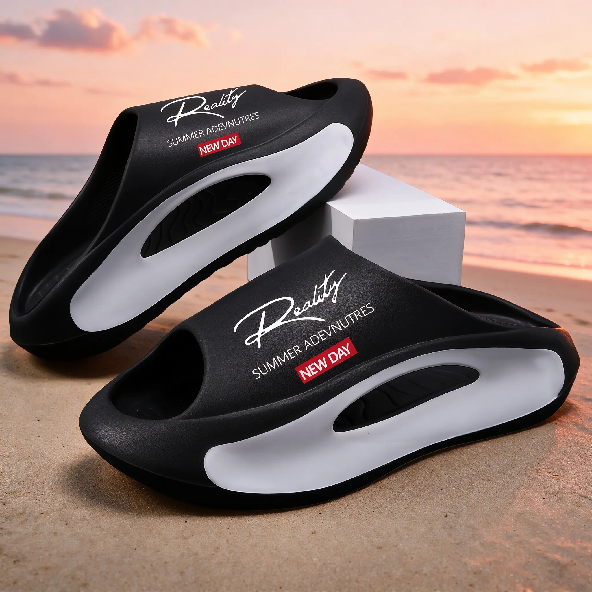 Men's Comfort Cushioned Cloud Slides - Non-Slip Casual Slippers with Realistic Prints, Summer Beach Bathroom Footwear