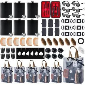 74PCS 6 Set Baby Shower Prizes for Men with 8oz Stainless Steel Hip Flask Funnel Bottle Opener Manicure Kit Bath Sponge Sunglasses Gift Bag for Baby Shower Game Winner Bachelor Party