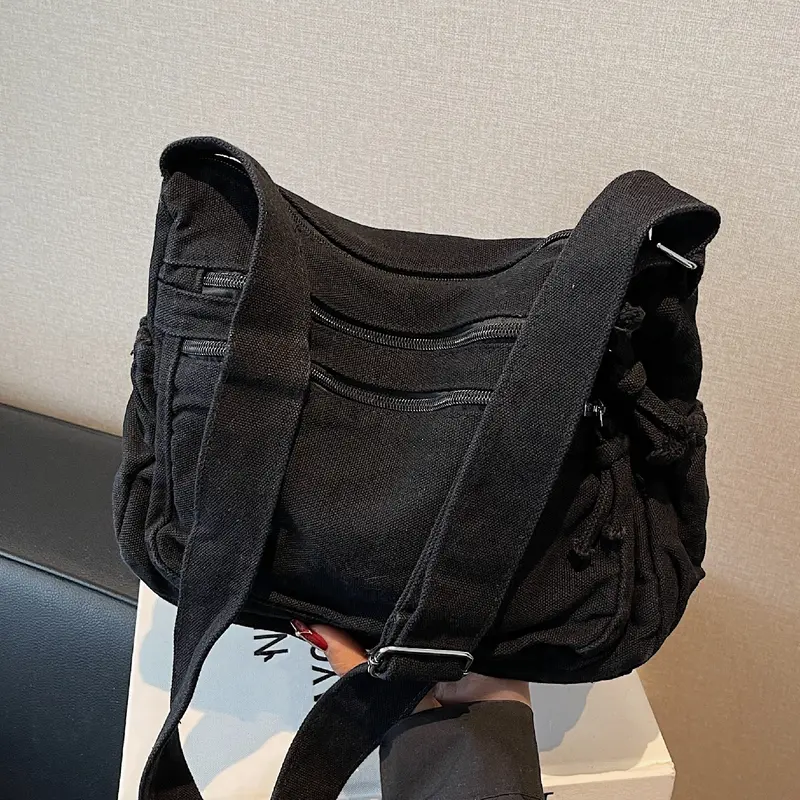 Ladies' solid color retro multi pocket canvas crossbody bag, fashionable and simple daily commuting easy to match with shoulder bag, Casual Commuter Bag, Multi Compartment Bag, Trendy Commuting Bag, Crossbody Shoulder Bags