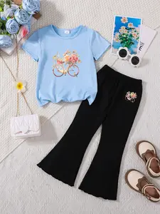 Summer Girls' 2-Piece Set Vintage Floral Bike Print Tee + Bell Pants, Cute Loose-Fitting for School, Park, Weekend Activities