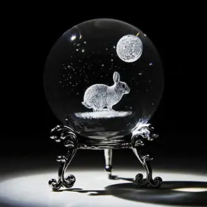 3D Crystal Ball Paperweight with Silver-Plated Flowering Stand,60mm Laser Engraved Rabbit Sphere Figurine Collectibles,Decorative Glass Ball,Decor Creative Gift