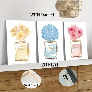 3pcs Framed  Modern Minimalist Perfume Bottle Flower Decorative Painting Canvas Wall Art with Wooden Frame for Living Room Bedroom 2D Flat Modern Home Decoration