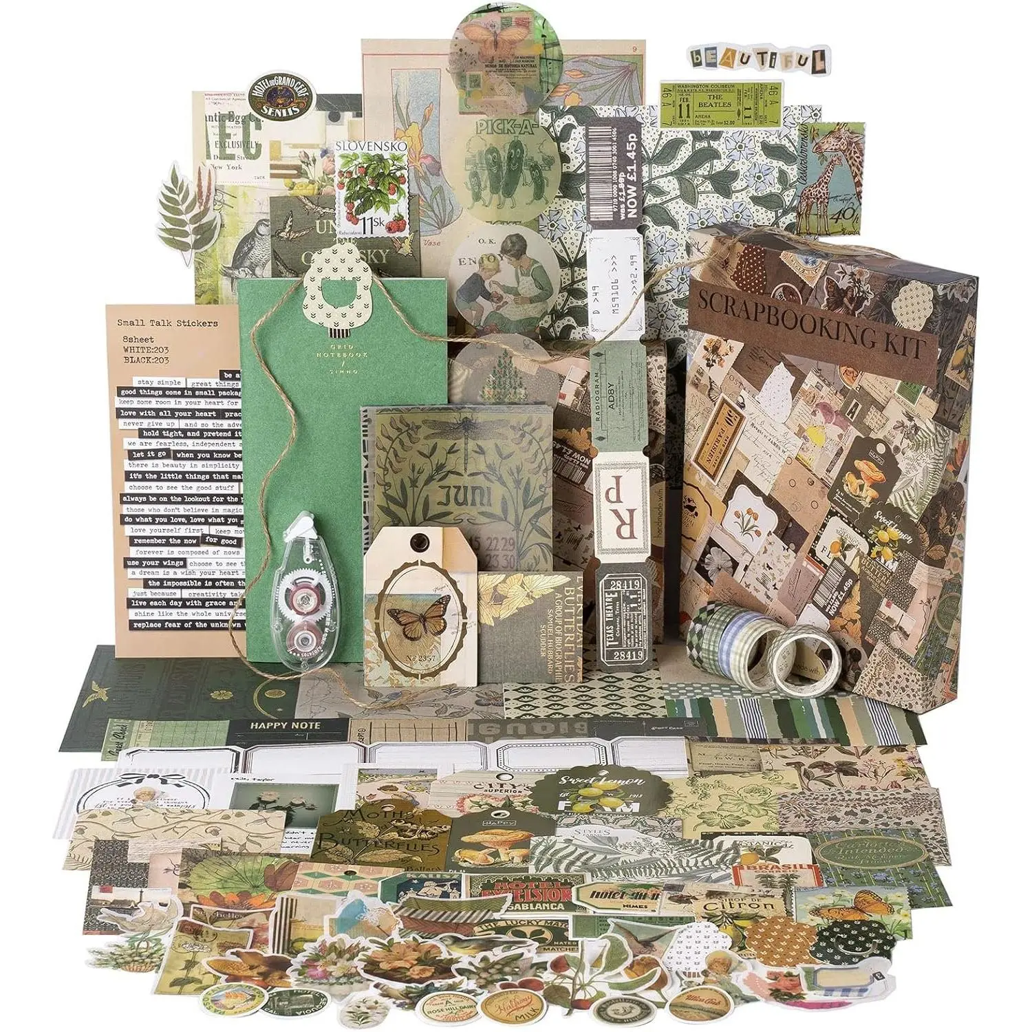 Large Multi-Use Scrapbooking Set for Adults - Green Theme DIY Craft Kit with Scrapbook Paper, Stickers, Embellishments, Planner Collage Supplies, Packaged in a Beautiful Box for Exquisite Gifts, Modern