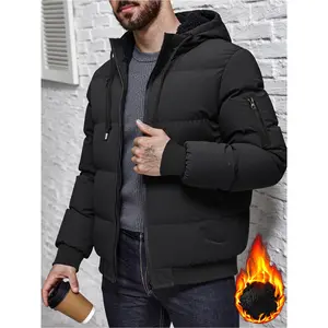Winter Plush Jacket with Hood & Full-Zip Front Thick Warm Coat Filled Solid Color Casual Outerwear for Cold Weather Regular Fit Easy Care Menswear Hoodie Beige Zipper Long Sleeve Makapal Stylish