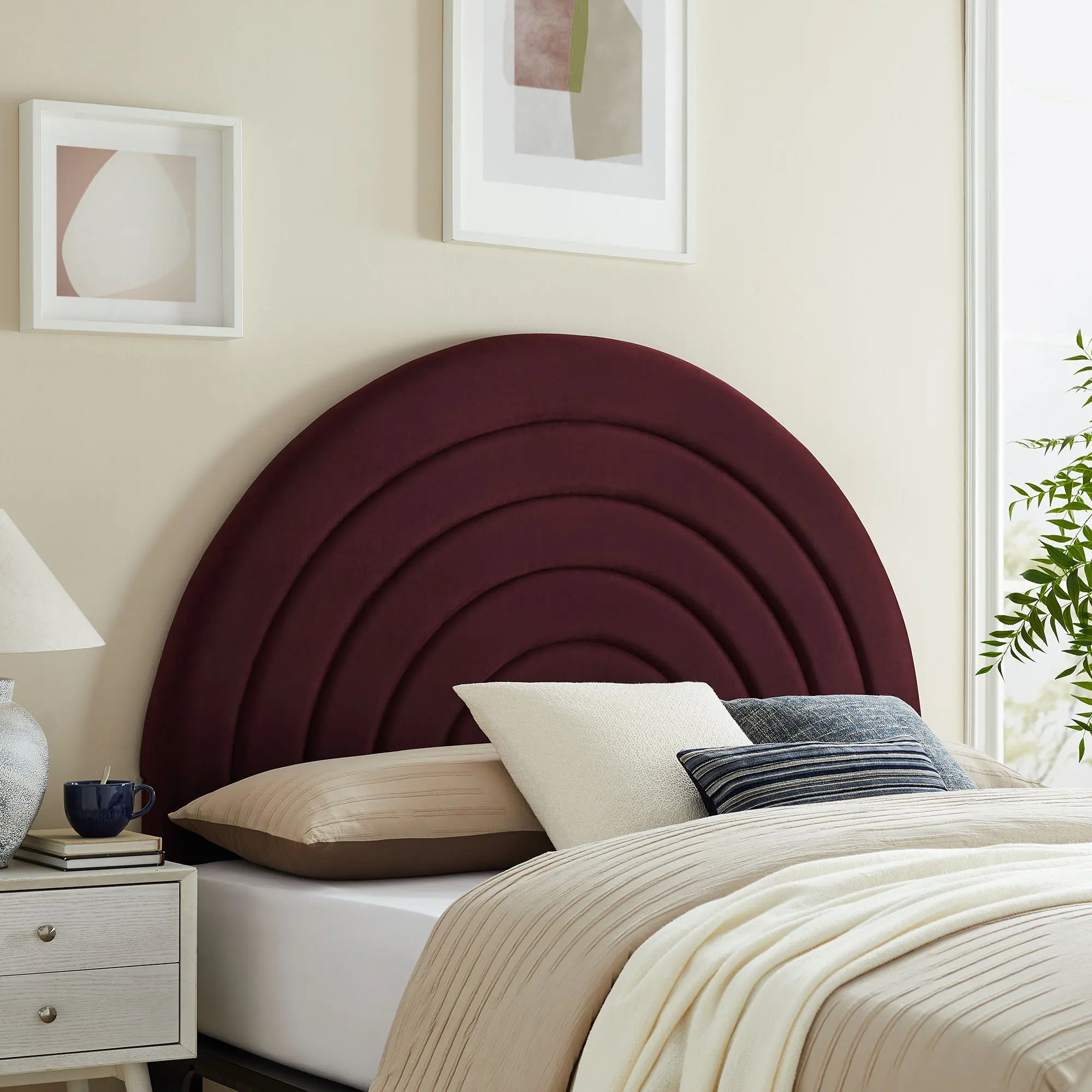 Luxury Upholstered Solana Arched Performance Velvet Queen Headboard - Mulberry Indoor Furniture for Bedroom Decor, Guest Room Use