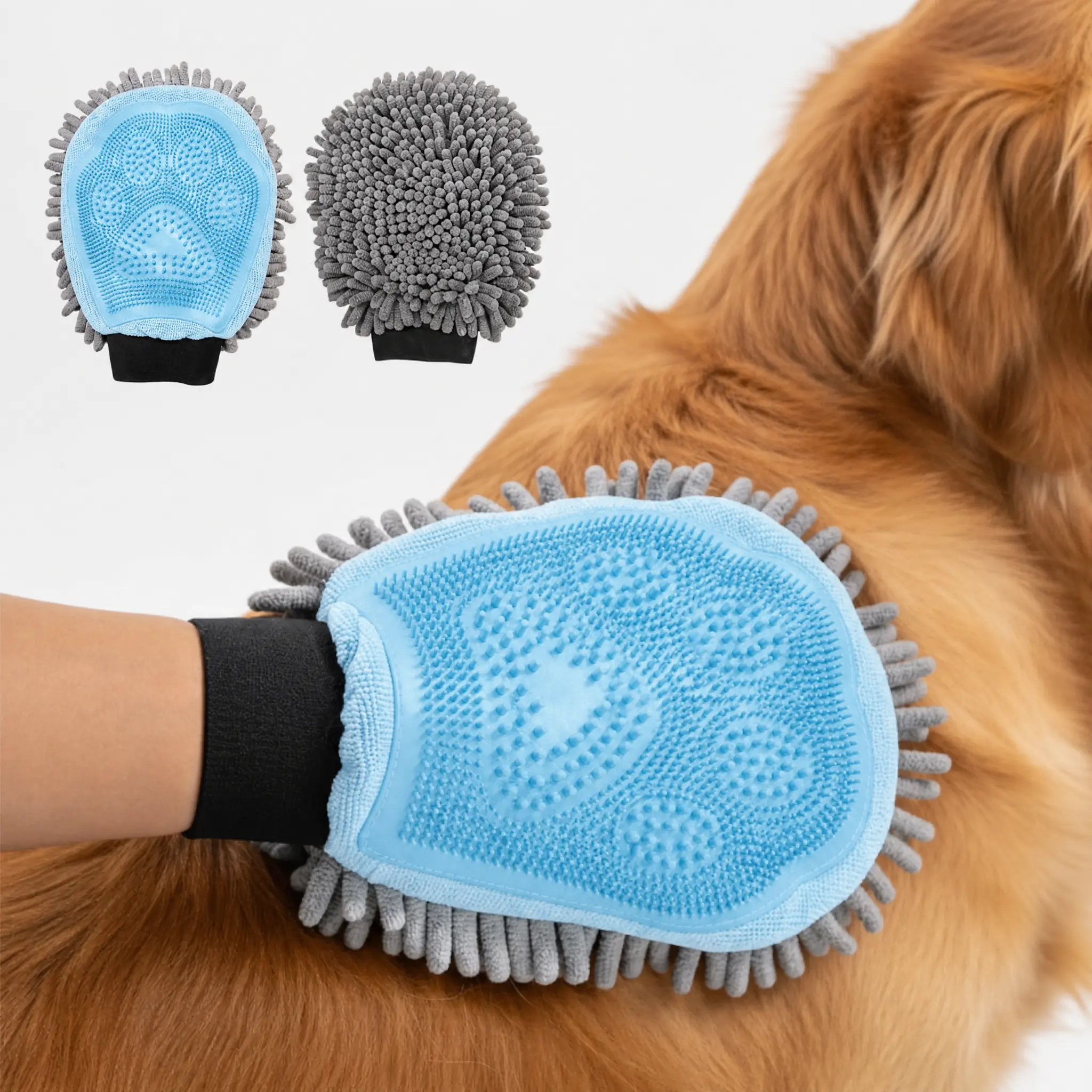 Pawzseek Dog Washing Grooming Gloves - 2-in-1 Dual-Sided Mitt with TPR Brush, Chenille Microfiber Scrub, 1 Size, Bathing Accessory for All Coat Types, Deshedding, Manual Paw Care, Less Fur on Hands, Grooming Accessories